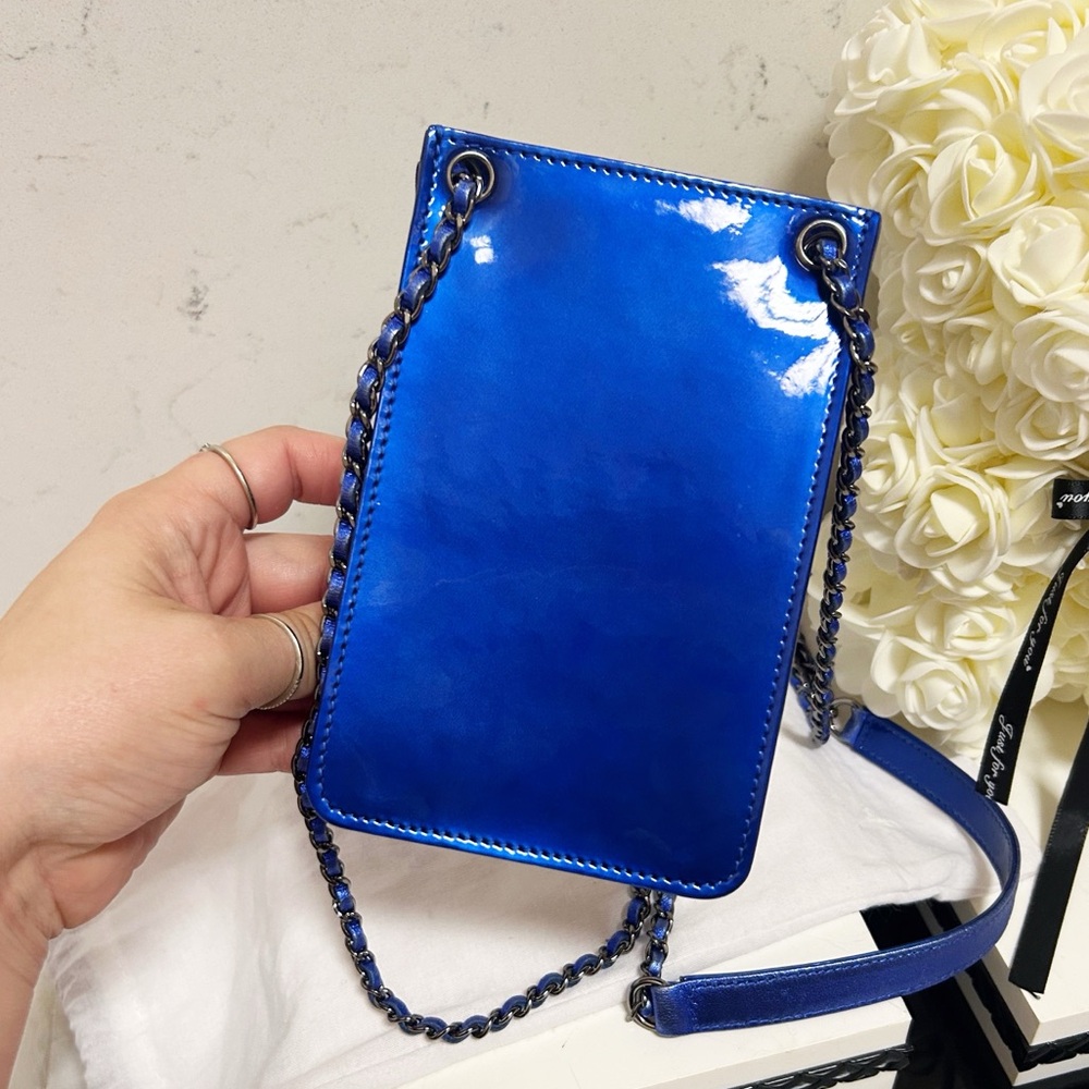 Authentic Chanel Electric / Metallic Blue Patent Leather W.O.C Crossbody Bag - Picture 10 of 13